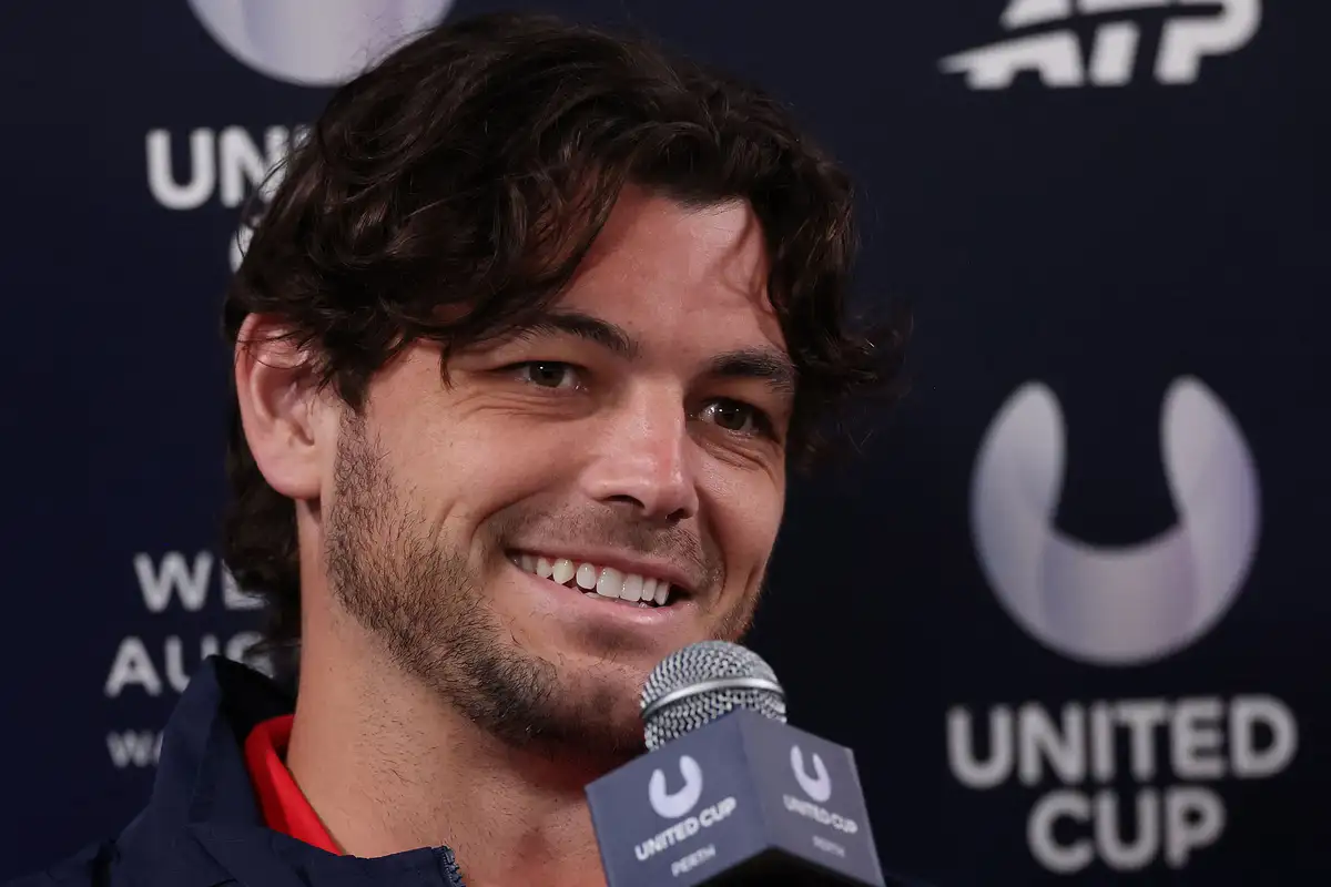 Taylor Fritz speaks to reporters at a United Cup media opportunity. 