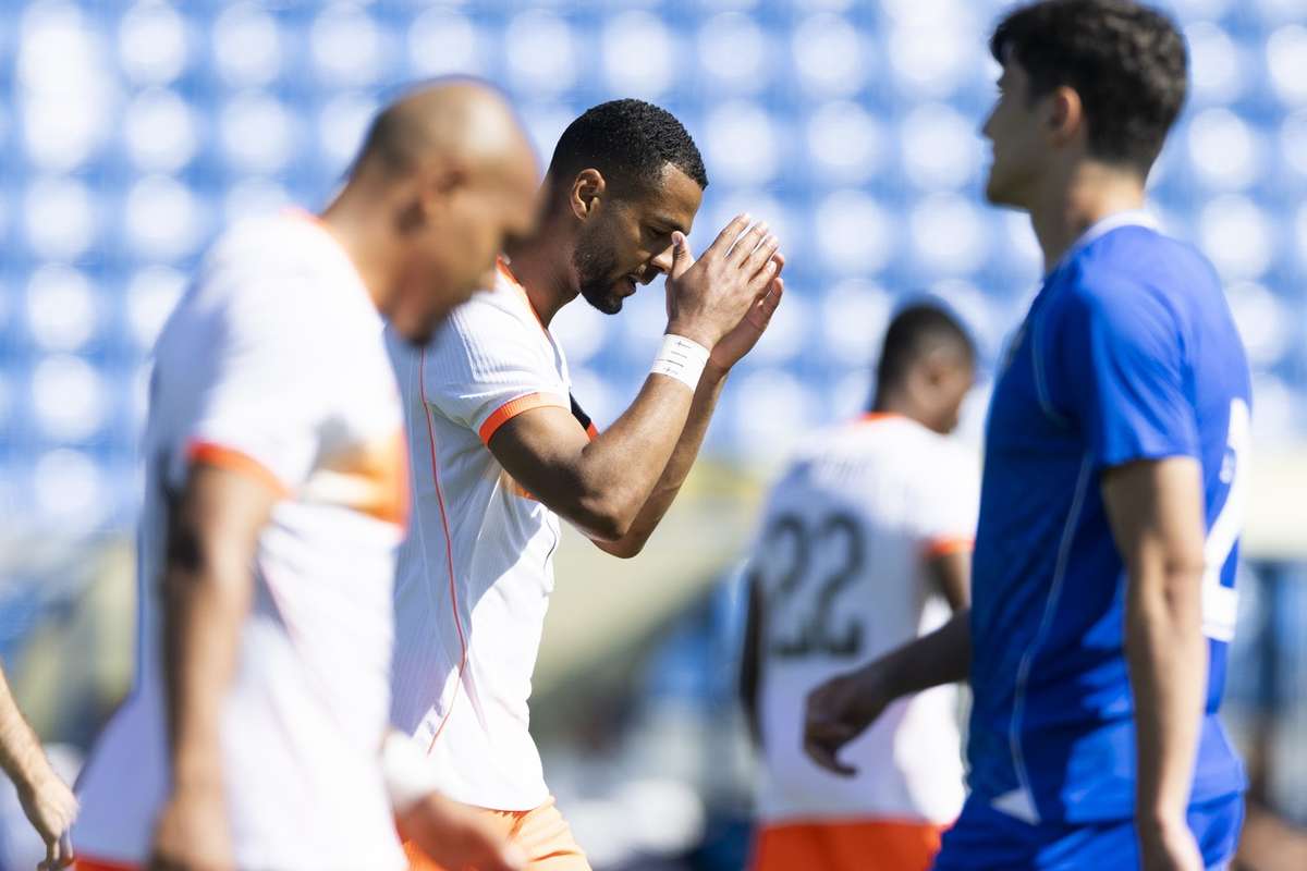 The Netherlands' Cody Gakpo reacts during the friendly match against Uzbekistan