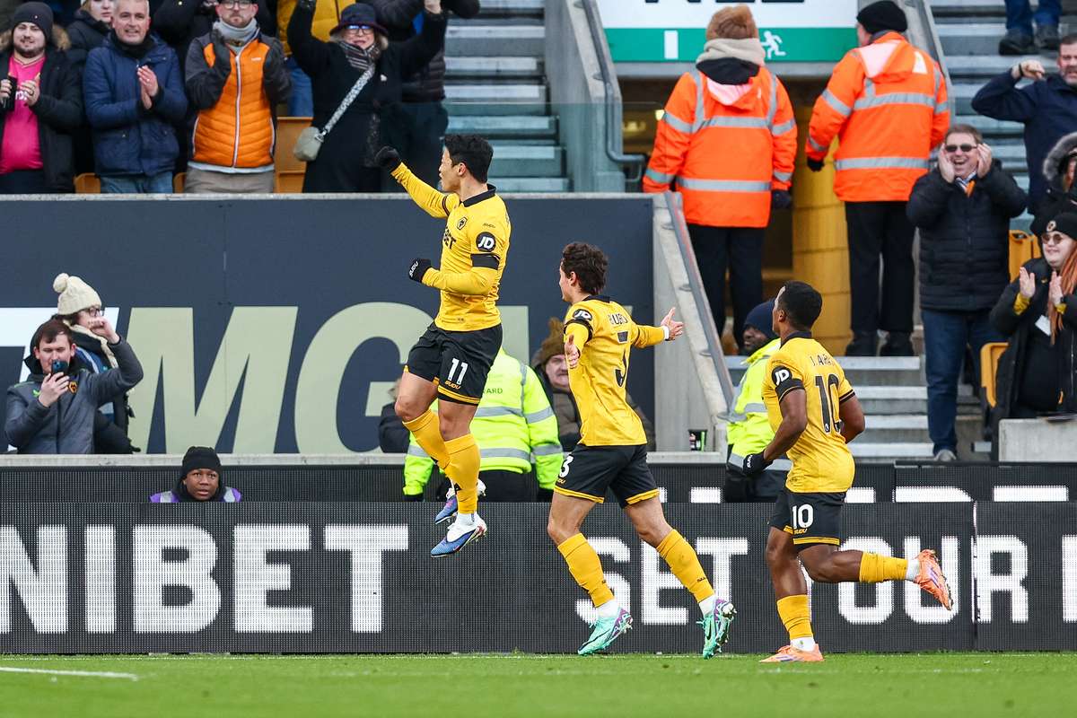 Hwang celebrates after scoring for Wolves
