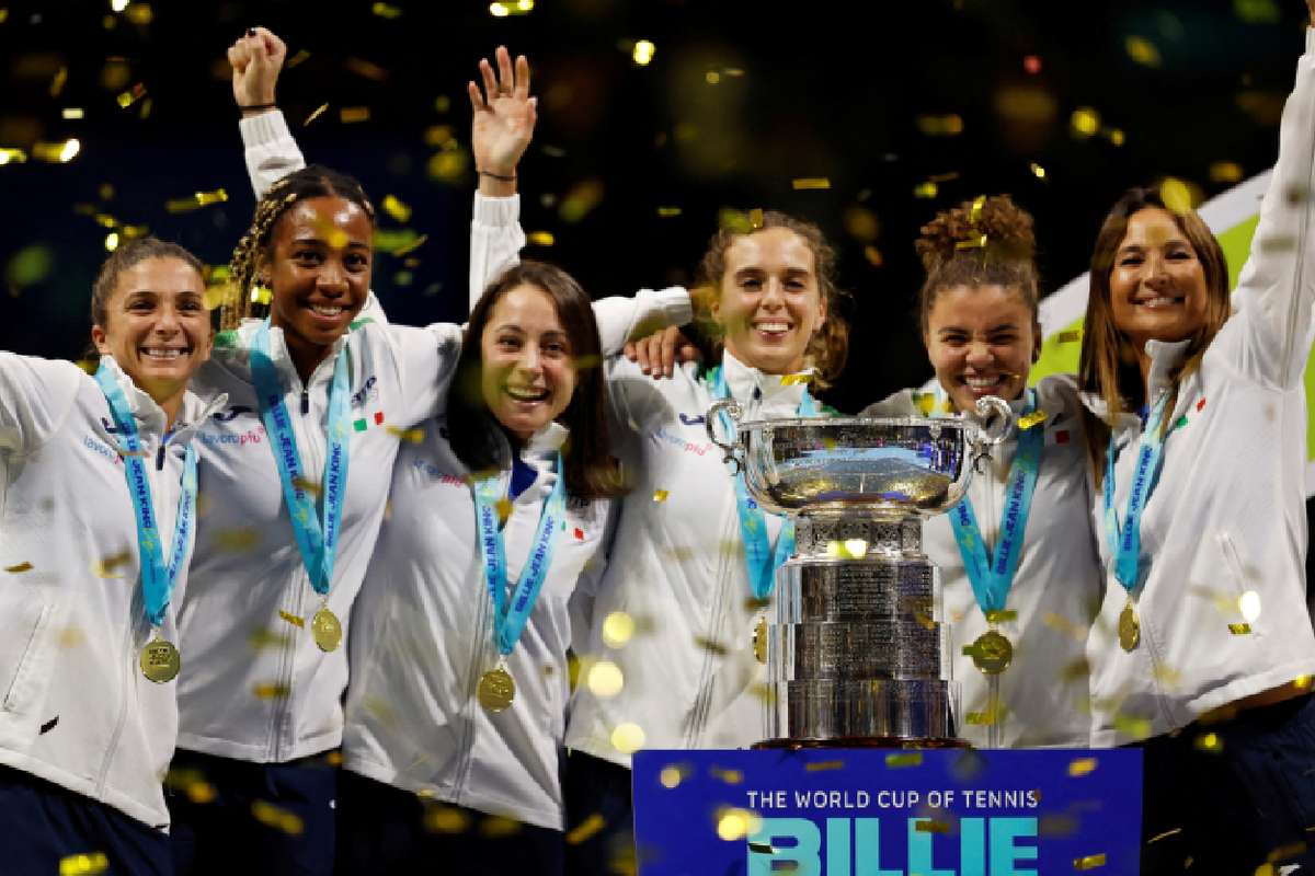 The Italian team celebrate winning the Billie Jean King Cup