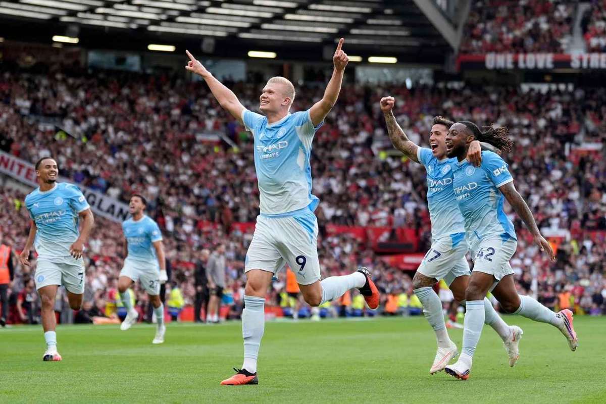 Photo: flashscore.com Haaland (centre) celebrates after scoring for Manchester City against Manchester United