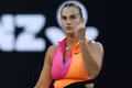 Belarus' Aryna Sabalenka reacts during her first round match against France's Tiantsoa Rakotomanga Rajaonah