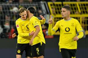 Dortmund's Maximilian Beier (left) celebrates scoring the winner