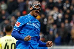 Bayer Leverkusen's Arthur celebrates scoring against Eintracht Frankfurt