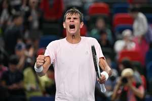 Rafael Jodar celebrates after beating Casper Ruud in Shanghai