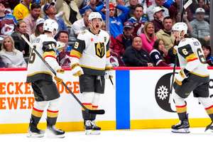 Golden Knights' Jack Eichel (middle) celebrates goal in Game 2 against Colorado Avalanche