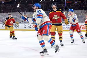 Rangers' Mika Zibanejad celebrates after scoring during 2026 Winter Classic