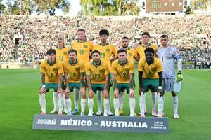 The Socceroos line up for a team photo before their friendly against Mexico at the Rose Bowl in Pasadena.