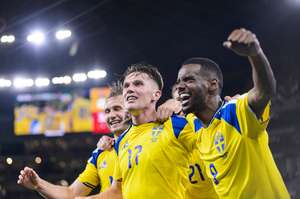 Sweden players celebrate Viktor Gyokeres' goal