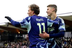 Ajax's Mika Godts celebrates scoring the 2-0 with Sean Steur