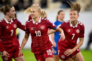 Pernille Harder celebrates after scoring against Switzerland