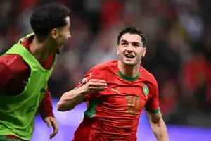 Brahim Diaz celebrates scoring for Morocco