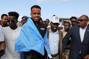 Somali referee Omar Abdulkadir Artan arrives back in Somalia after being denied entry to the USA for the World Cup