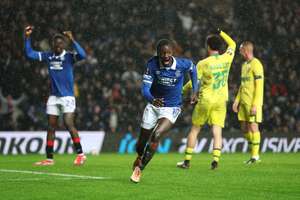 Mohammed Diomande celebrates after scoring for Rangers