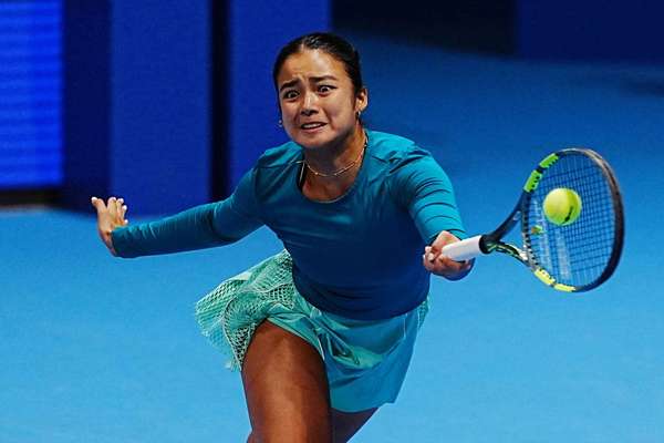 Alexandra Eala in action during her match against Talia Gibson in Tokyo