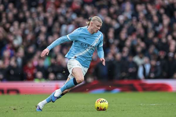 Erling Braut Haaland in action against Manchester United 