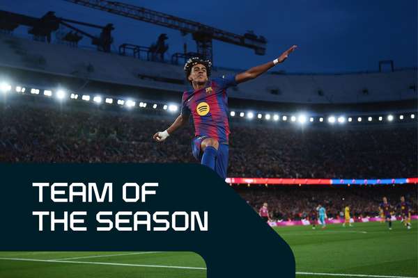 Lamine Yamal celebrates scoring for Barcelona