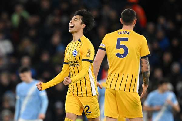 Kaoru Mitoma celebrates after equalising for Brighton