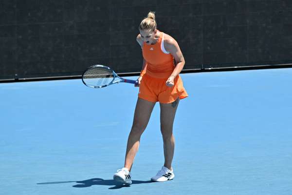 A jubilant Karolína Plíšková celebrates her first round Australian Open victory on Tuesday.