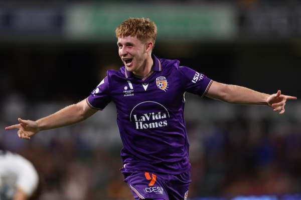 Perth Glory's Jaiden Kucharski celebrates a goal scored in their win over Auckland FC.