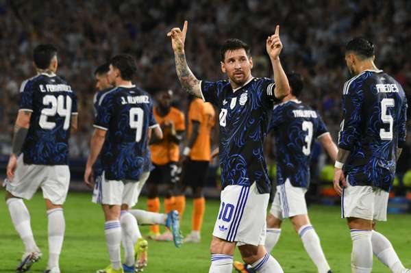 Messi celebrates after a goal in the friendly against Zambia