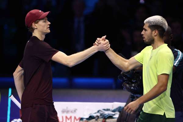 Italy's Jannik Sinner and Spain's Carlos Alcaraz shake hands after the final of the ATP Finals