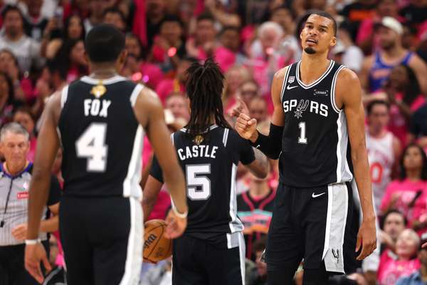 Wemby reacts during Game 1 of 2026 NBA Finals
