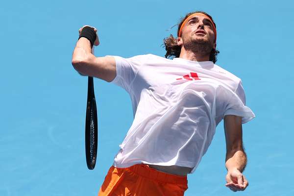 Stefanos Tsitsipas serves during a practice session in Melbourne on Friday.
