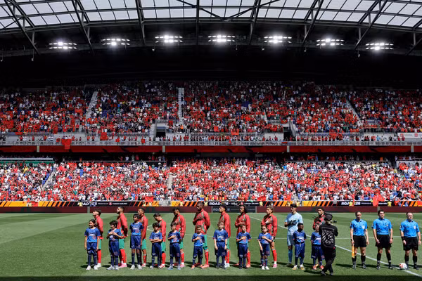Morocco line up for their national anthem before their friendly with Norway