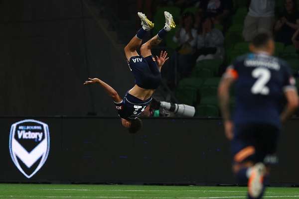 Melbourne Victory's Clarismario celebrates his goal at the weekend with a backflip. 