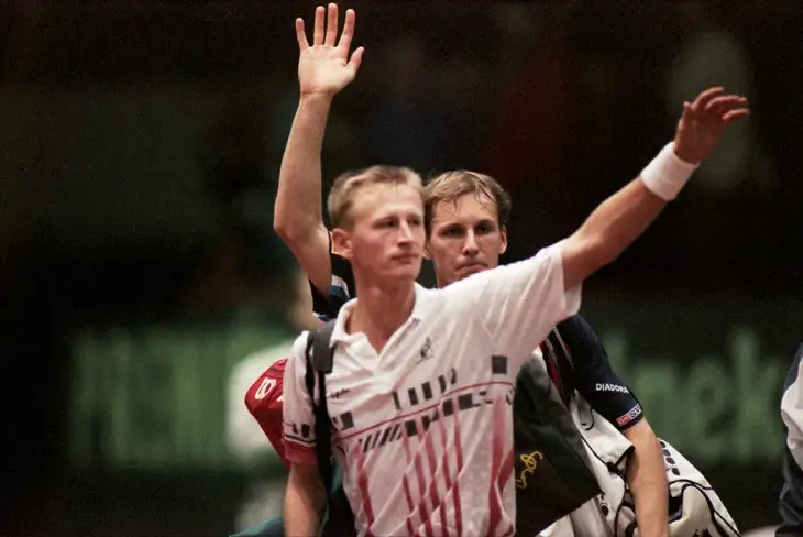Petr Korda a Daniel Vacek po vítězství ve čtyřhře v daviscupovém utkání Česko – USA v roce 1996.
