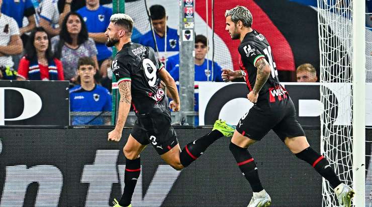 Vào! Olivier Giroud (AC Milan) giành chiến thắng trên chấm phạt đền bằng một cú sút không thể cản phá, vượt qua tầm với của thủ môn Emil Audero vào góc cao bên trái.