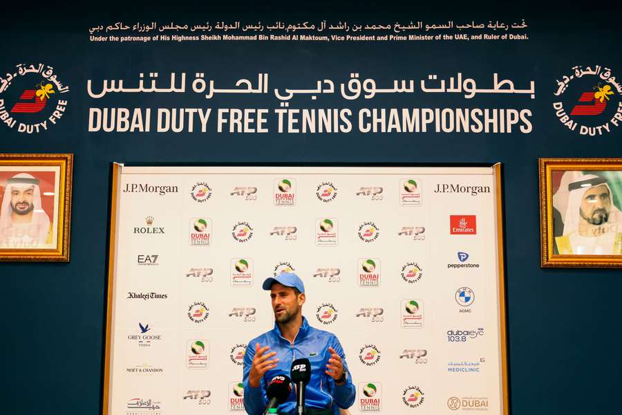 Novak Djokovic of Serbia holds a press conference during the ATP Dubai Duty Free Tennis Championships in Dubai