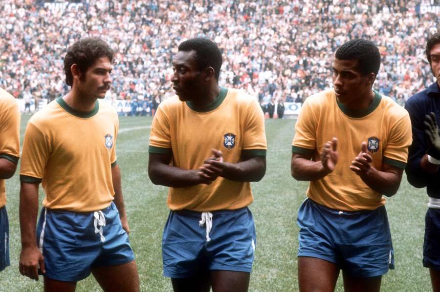 Brazil's Rivellino, Pelé, and Jairzinho line up before the final of the 1970 FIFA World Cup against Italy