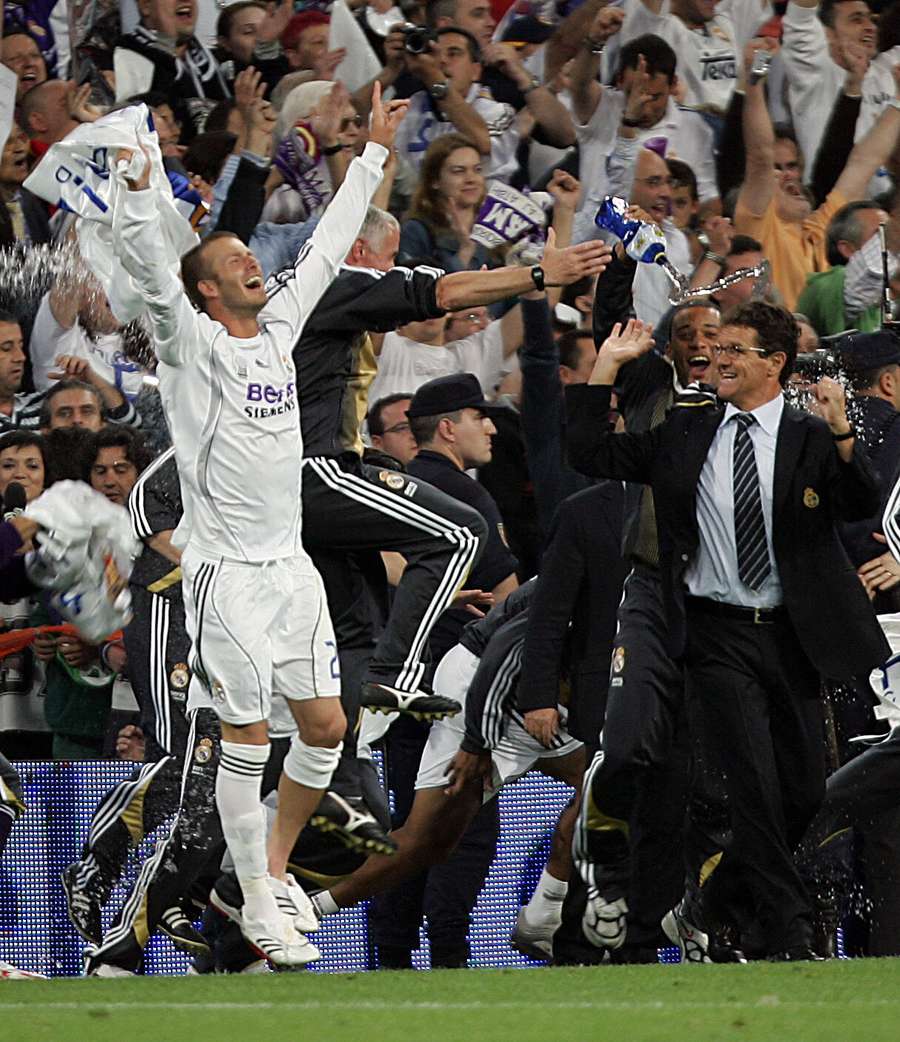 Fabio Capello e David Beckham dopo la vittoria della Liga