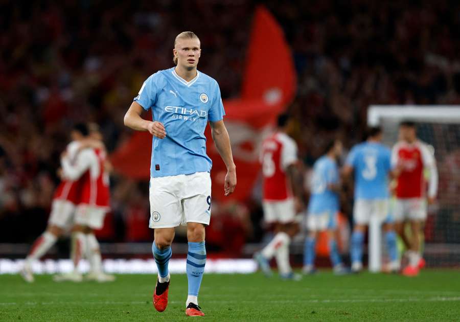 Manchester City's Norwegian striker #09 Erling Haaland reacts on the final whistle