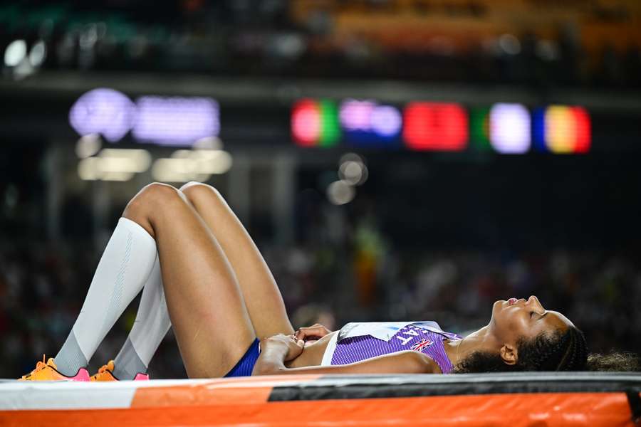 Morgan Lake reacts as she competes in the women's high jump final