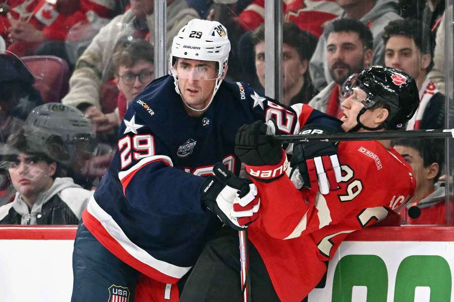 Colorado Avalanche forwards Brock Nelson (USA, left) and Nathan MacKinnon (Canada, right) during 4 Nations Face-Off Colorado Avalanche forwards Brock Nelson (USA, left) and Nathan MacKinnon (Canada, right) during 4 Nations Face-Off