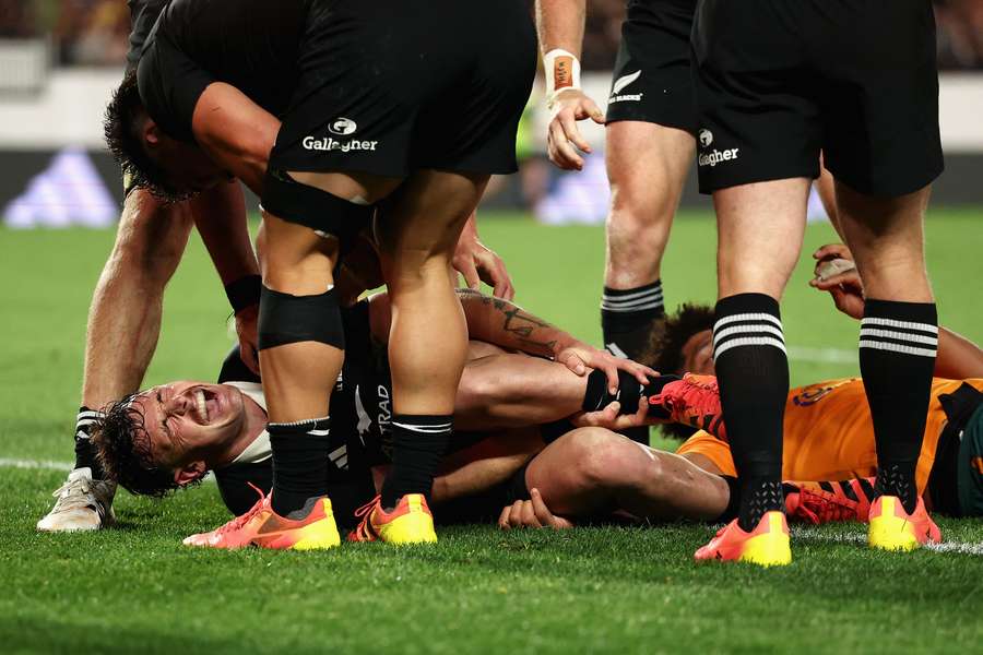 All Blacks winger Leroy Carter injured his ankle scoring a try at Eden Park. All Blacks winger Leroy Carter injured his ankle scoring a try at Eden Park.