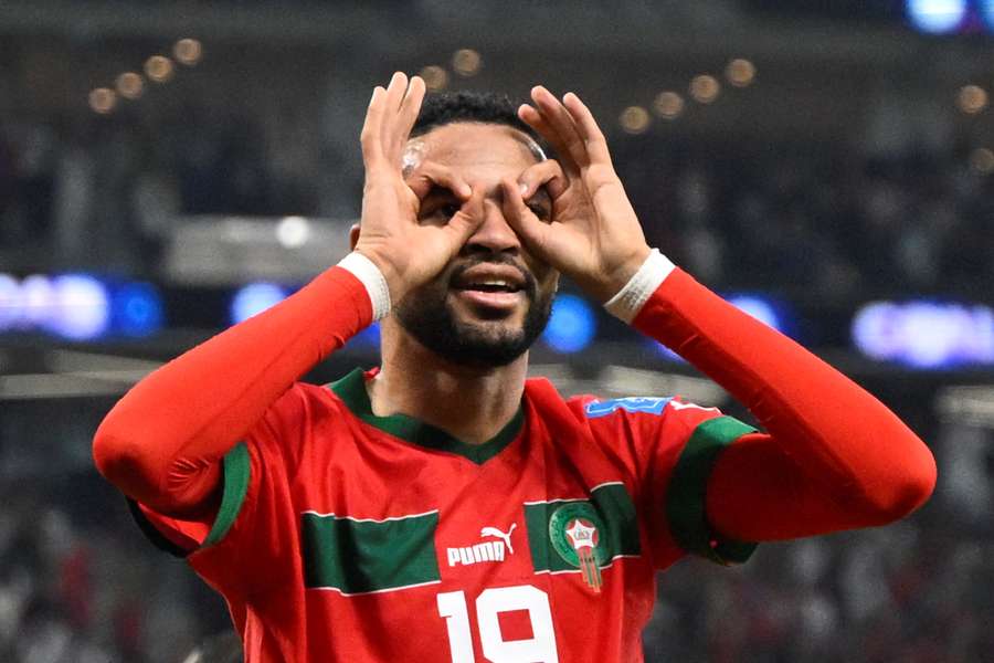 Youssef En-Nesyri no festejo do golo de Marrocos frente a Portugal
