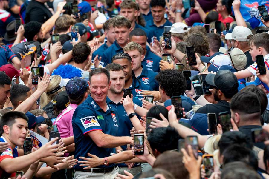 Newcastle Knights players and coaches greet fans in Sydney during the week. Newcastle Knights players and coaches greet fans in Sydney during the week.