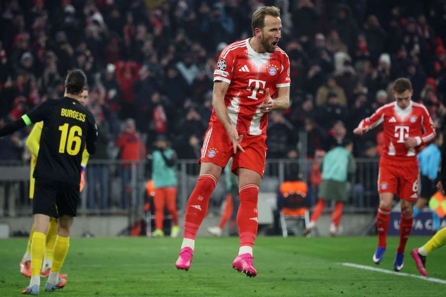 Harry Kane celebrates one of his two goals for Bayern Munich