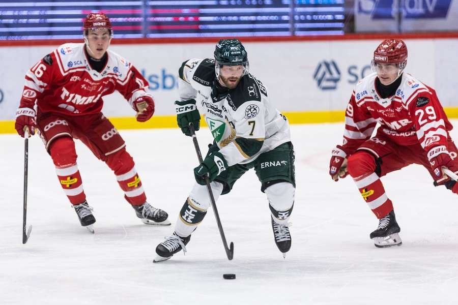 Axel Bergkvist in possession for Farjestad at Timra Axel Bergkvist in possession for Farjestad at Timra
