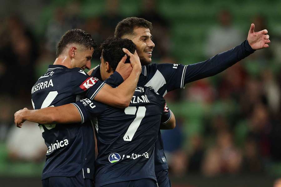 Daniel Arzani and teammates celebrate Melbourne Victory's A-League Men victory over Adelaide United. Daniel Arzani and teammates celebrate Melbourne Victory's A-League Men victory over Adelaide United.