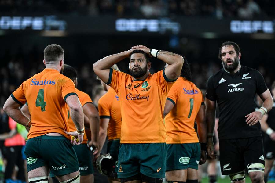 Australia's Scott Sio reacts after losing the Rugby Championship match against New Zealand.