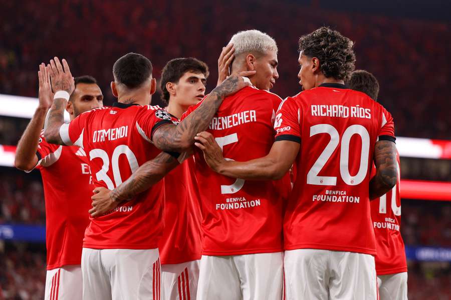 Benfica celebrate Barrenechea's goal Benfica celebrate Barrenechea's goal