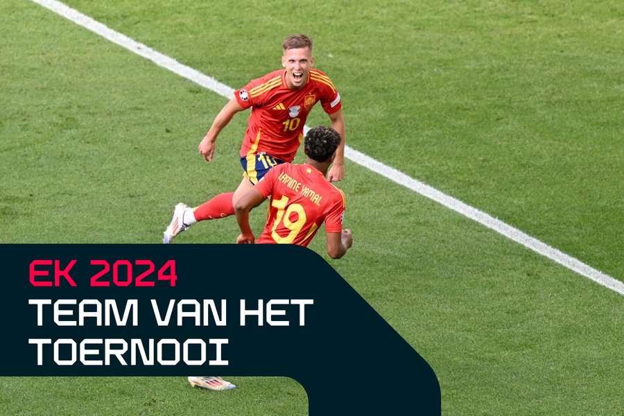 Dani Olmo (links) en Lamine Yamal (midden) staan allebei in het team van het toernooi