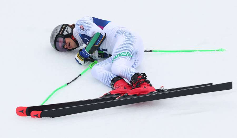Lucas Pinheiro Braathen of Brazil celebrates after his second run in the men's giant slalom