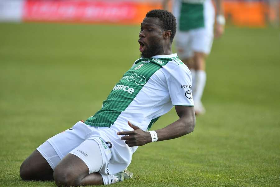 Jablonecký Nelson Okeke slaví vstřelený gól v duelu s Baníkem. Jablonecký Nelson Okeke slaví vstřelený gól v duelu s Baníkem.