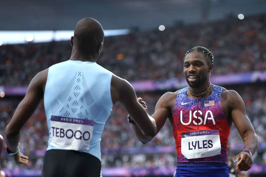 US' Noah Lyles congratulates Botswana's Letsile Tebogo after the men's Olympic 200m final in Paris last summer